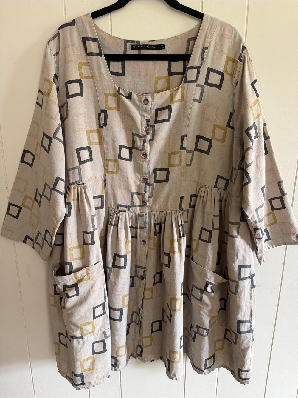 Gudrun Sjoden Linen Cotton Geometric Tunic Dress Lagenlook Layering Artsy XL